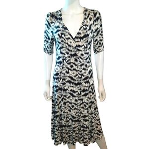 MADISON STUDIO Animal Print Knit A-Line Short Sleeve Midi Dress Sz 6 Blk/Wht/Tan